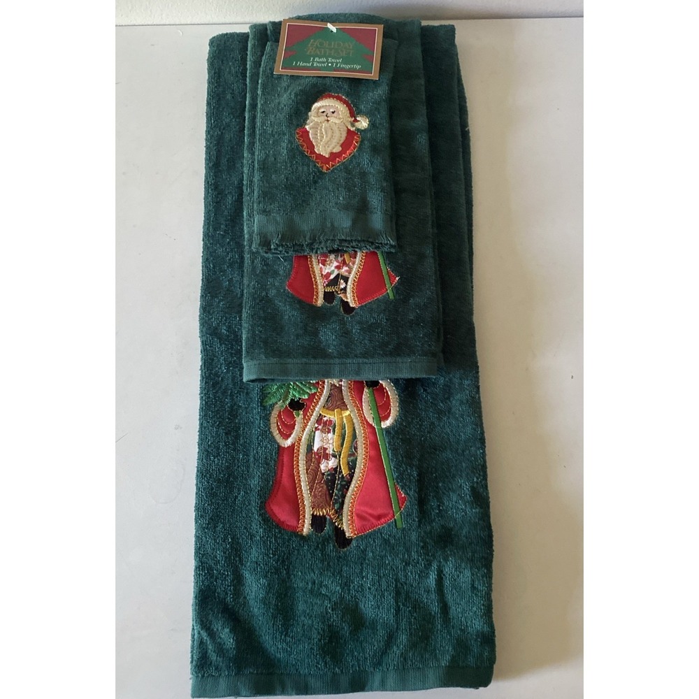 Set of 3 VTG Holiday Bathroom Towels Set Santa Claus Green Bath Hand Towel